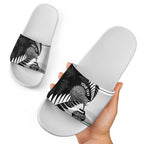 New Zealand Silver Fern Curling Personalised Slide Sandals Aotearoa Kiwi Ponga Black White Version - Aussie Hoodie
