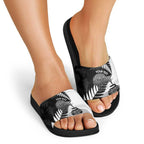 New Zealand Silver Fern Curling Personalised Slide Sandals Aotearoa Kiwi Ponga Black White Version - Aussie Hoodie