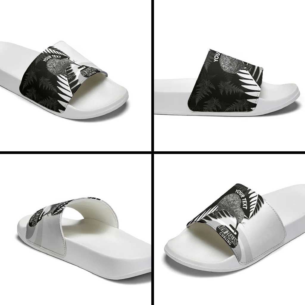 New Zealand Silver Fern Curling Personalised Slide Sandals Aotearoa Kiwi Ponga Black White Version - Aussie Hoodie