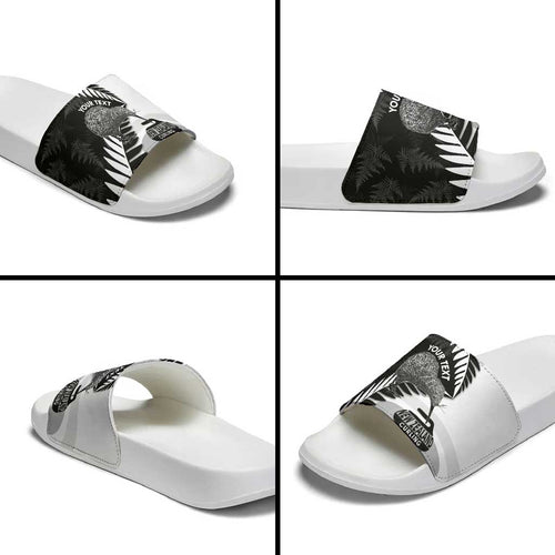 New Zealand Silver Fern Curling Personalised Slide Sandals Aotearoa Kiwi Ponga Black White Version - Aussie Hoodie