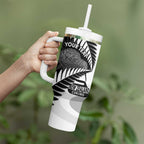 New Zealand Silver Fern Curling Personalised Tumbler With Handle Aotearoa Kiwi Ponga Black White Version - Aussie Hoodie