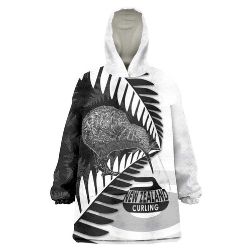New Zealand Silver Fern Curling Personalised Wearable Blanket Hoodie Aotearoa Kiwi Ponga Black White Version - Aussie Hoodie