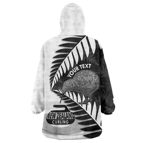 New Zealand Silver Fern Curling Personalised Wearable Blanket Hoodie Aotearoa Kiwi Ponga Black White Version - Aussie Hoodie