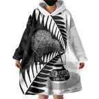 New Zealand Silver Fern Curling Personalised Wearable Blanket Hoodie Aotearoa Kiwi Ponga Black White Version - Aussie Hoodie