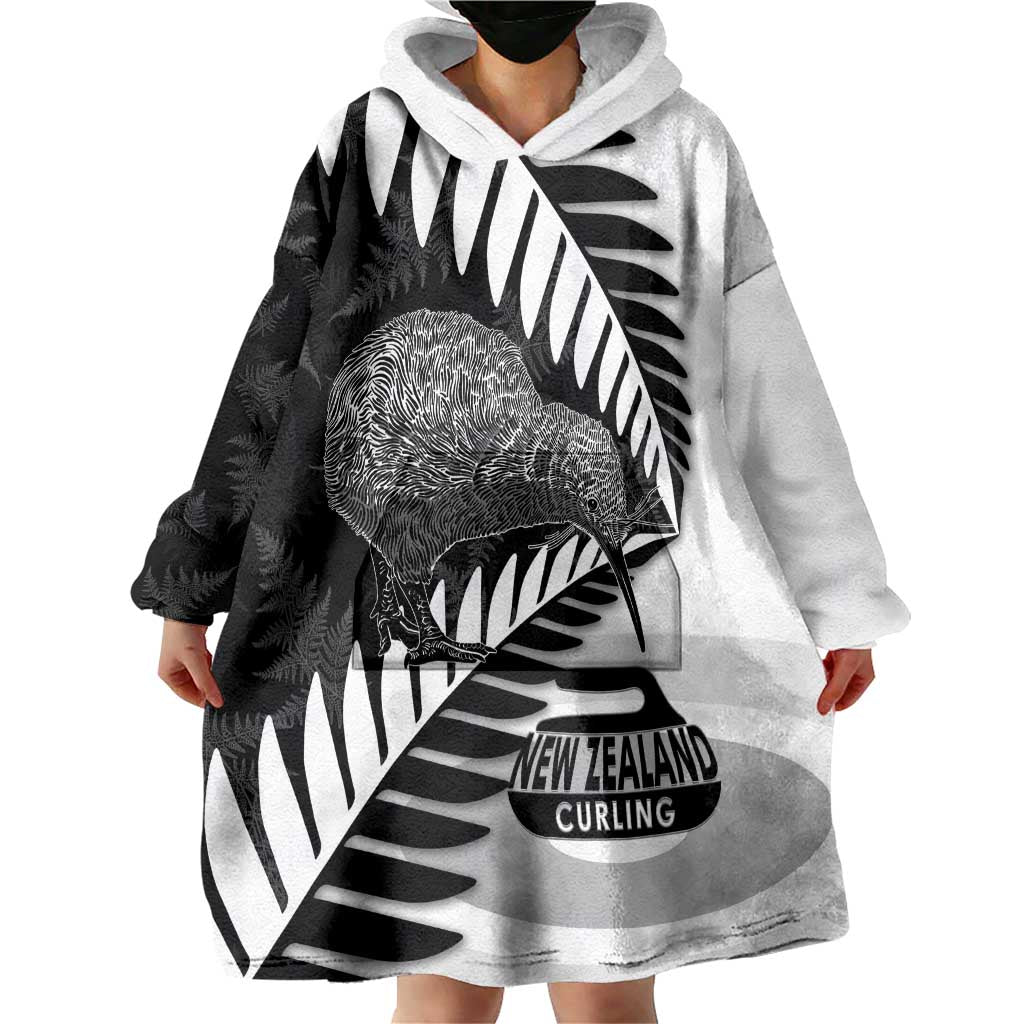New Zealand Silver Fern Curling Personalised Wearable Blanket Hoodie Aotearoa Kiwi Ponga Black White Version - Aussie Hoodie