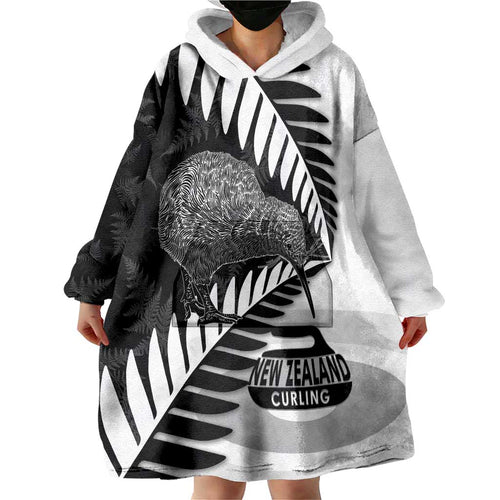 New Zealand Silver Fern Curling Personalised Wearable Blanket Hoodie Aotearoa Kiwi Ponga Black White Version - Aussie Hoodie