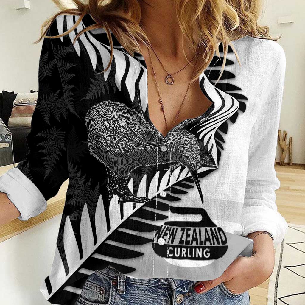 New Zealand Silver Fern Curling Personalised Women Casual Shirt Aotearoa Kiwi Ponga Black White Version - Aussie Hoodie