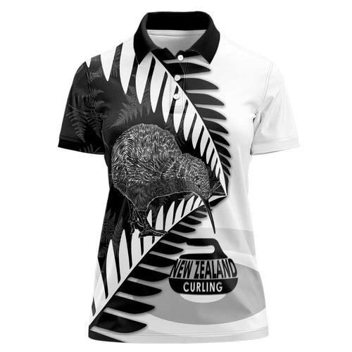New Zealand Silver Fern Curling Personalised Women Polo Shirt Aotearoa Kiwi Ponga Black White Version - Aussie Hoodie