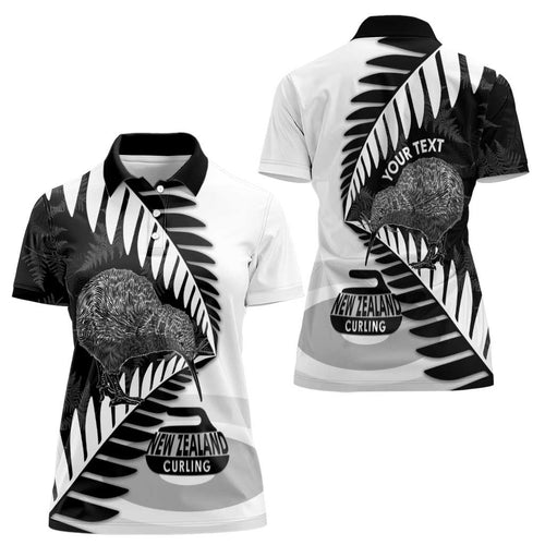 New Zealand Silver Fern Curling Personalised Women Polo Shirt Aotearoa Kiwi Ponga Black White Version - Aussie Hoodie