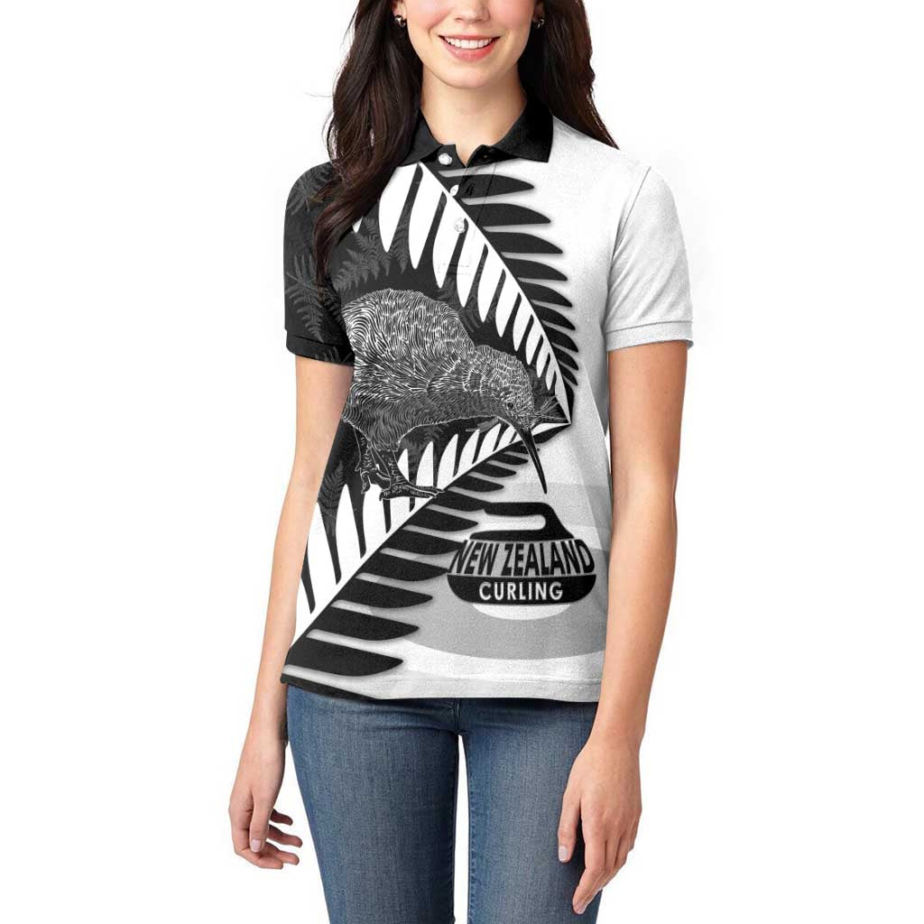 New Zealand Silver Fern Curling Personalised Women Polo Shirt Aotearoa Kiwi Ponga Black White Version - Aussie Hoodie