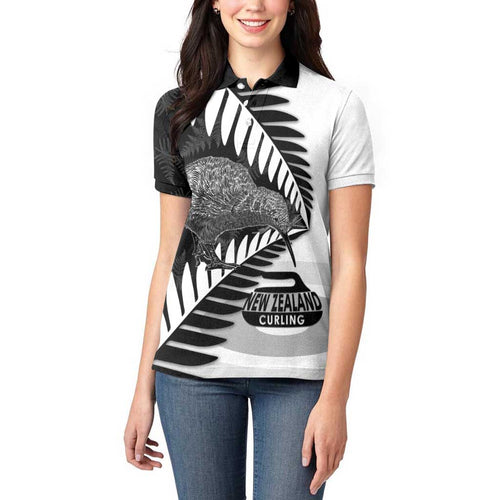 New Zealand Silver Fern Curling Personalised Women Polo Shirt Aotearoa Kiwi Ponga Black White Version - Aussie Hoodie