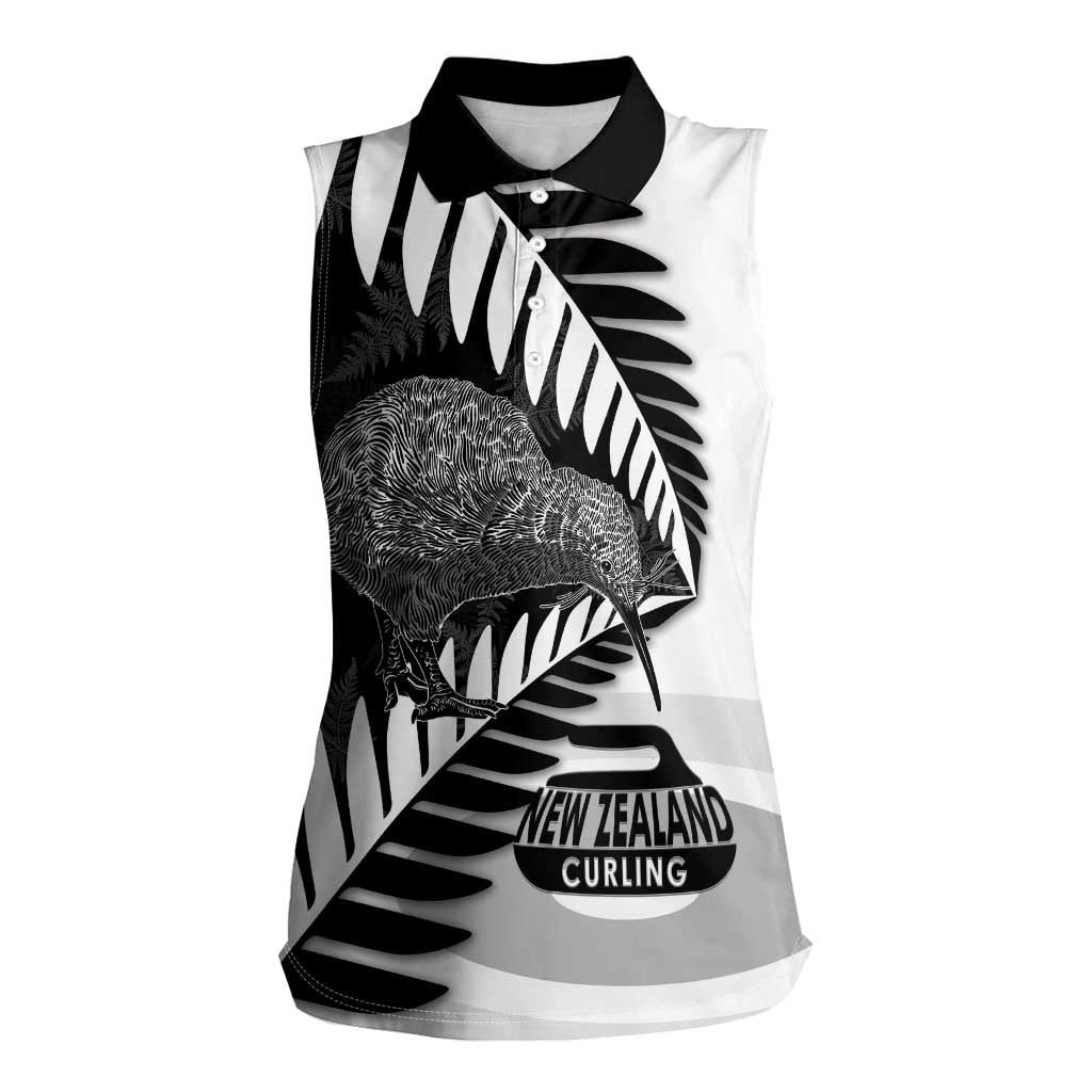 New Zealand Silver Fern Curling Personalised Women Sleeveless Polo Shirt Aotearoa Kiwi Ponga Black White Version - Aussie Hoodie