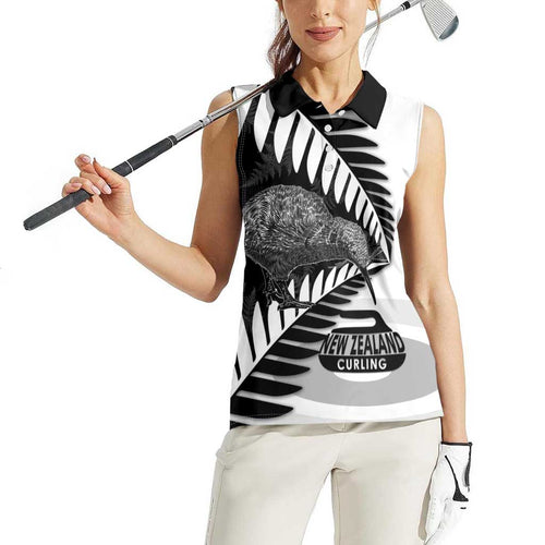 New Zealand Silver Fern Curling Personalised Women Sleeveless Polo Shirt Aotearoa Kiwi Ponga Black White Version - Aussie Hoodie