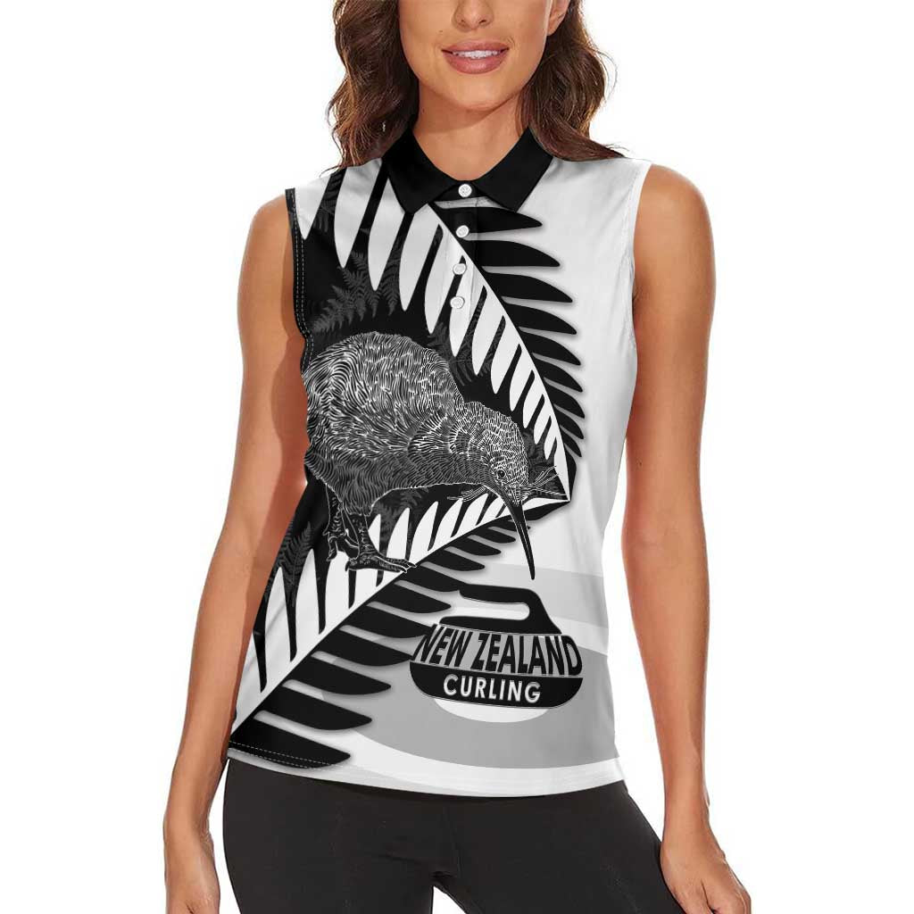 New Zealand Silver Fern Curling Personalised Women Sleeveless Polo Shirt Aotearoa Kiwi Ponga Black White Version - Aussie Hoodie