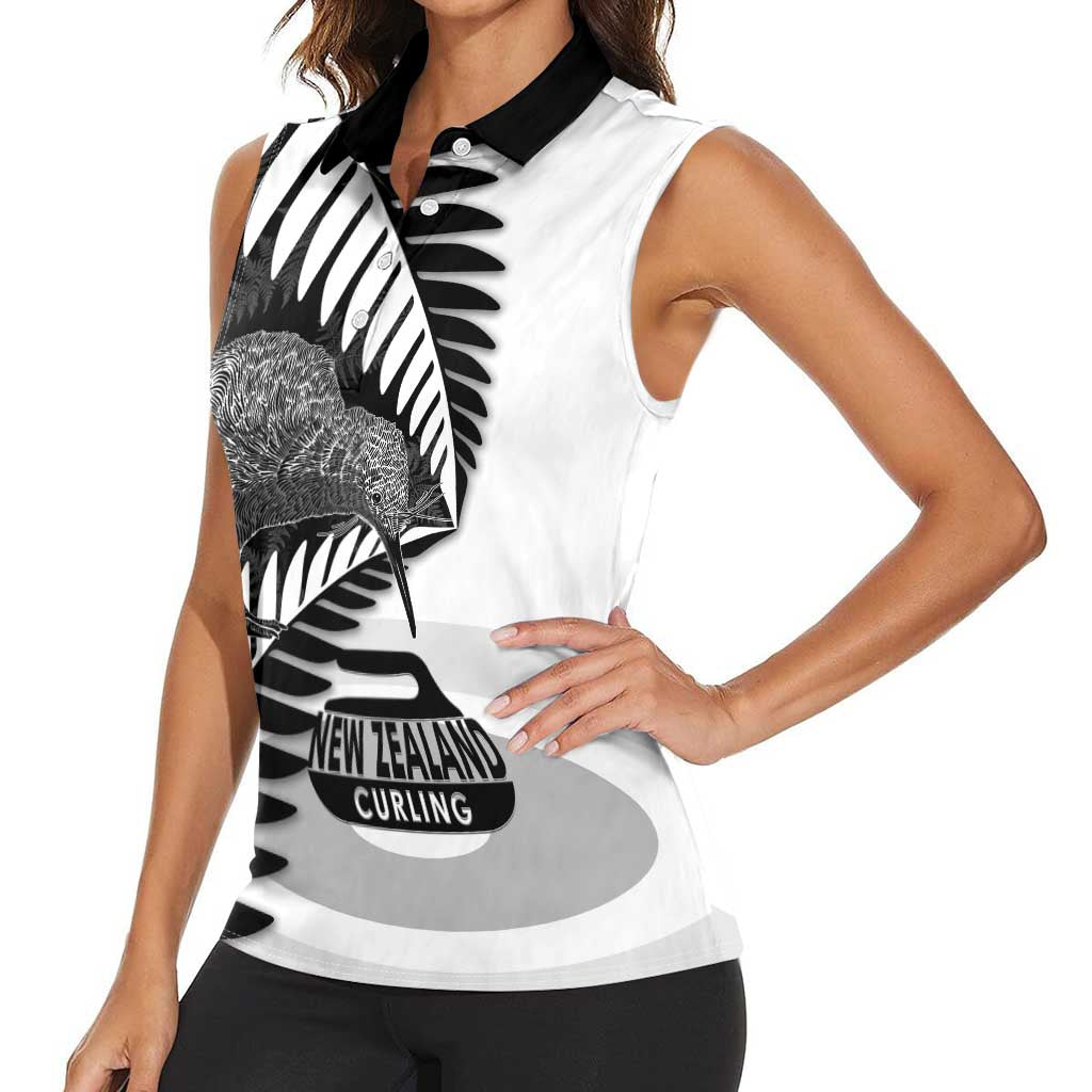 New Zealand Silver Fern Curling Personalised Women Sleeveless Polo Shirt Aotearoa Kiwi Ponga Black White Version - Aussie Hoodie