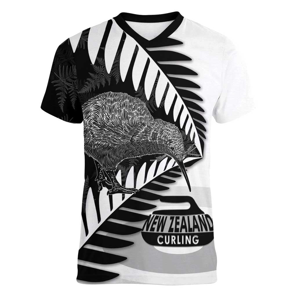 New Zealand Silver Fern Curling Personalised Women V-Neck T-Shirt Aotearoa Kiwi Ponga Black White Version - Aussie Hoodie