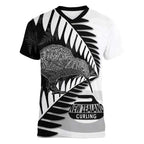 New Zealand Silver Fern Curling Personalised Women V-Neck T-Shirt Aotearoa Kiwi Ponga Black White Version - Aussie Hoodie