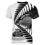 New Zealand Silver Fern Curling Personalised Women V-Neck T-Shirt Aotearoa Kiwi Ponga Black White Version - Aussie Hoodie