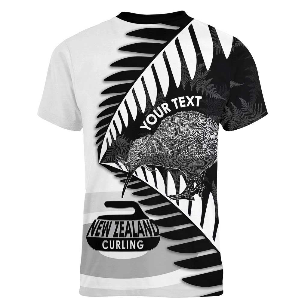 New Zealand Silver Fern Curling Personalised Women V-Neck T-Shirt Aotearoa Kiwi Ponga Black White Version - Aussie Hoodie