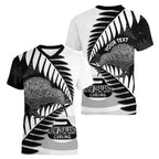 New Zealand Silver Fern Curling Personalised Women V-Neck T-Shirt Aotearoa Kiwi Ponga Black White Version - Aussie Hoodie