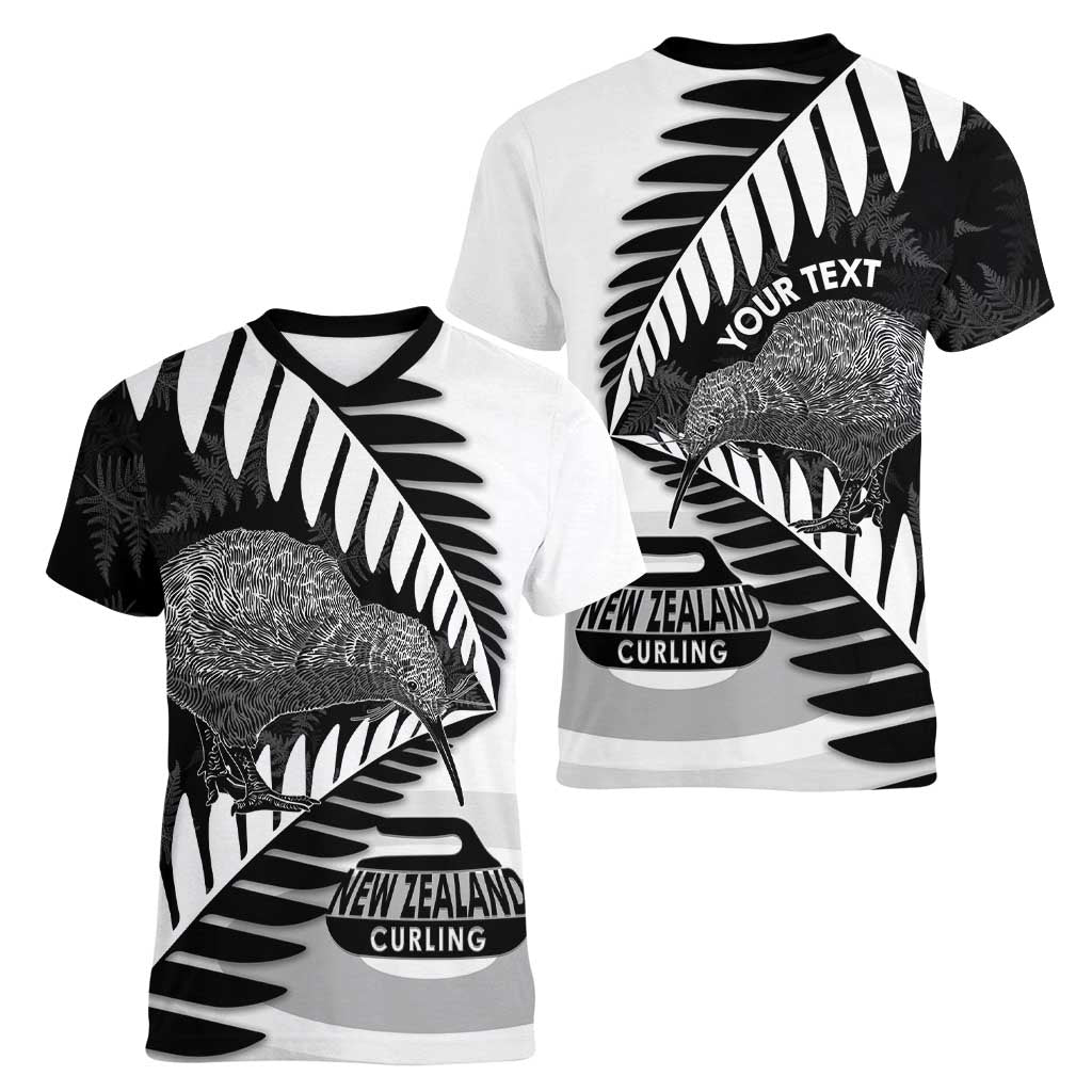 New Zealand Silver Fern Curling Personalised Women V-Neck T-Shirt Aotearoa Kiwi Ponga Black White Version - Aussie Hoodie