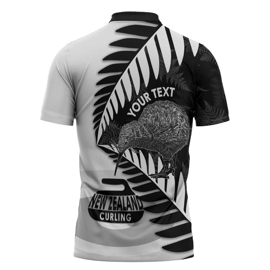 New Zealand Silver Fern Curling Personalised Zipper Polo Shirt Aotearoa Kiwi Ponga Black White Version - Aussie Hoodie