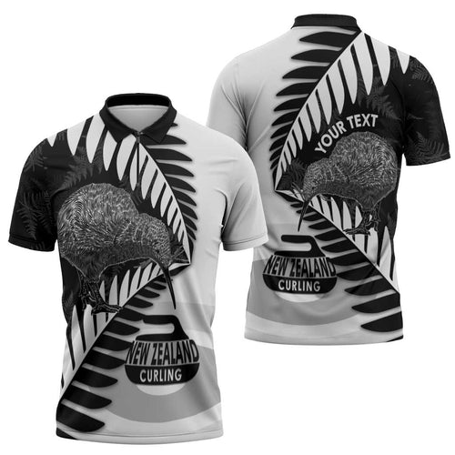 New Zealand Silver Fern Curling Personalised Zipper Polo Shirt Aotearoa Kiwi Ponga Black White Version - Aussie Hoodie