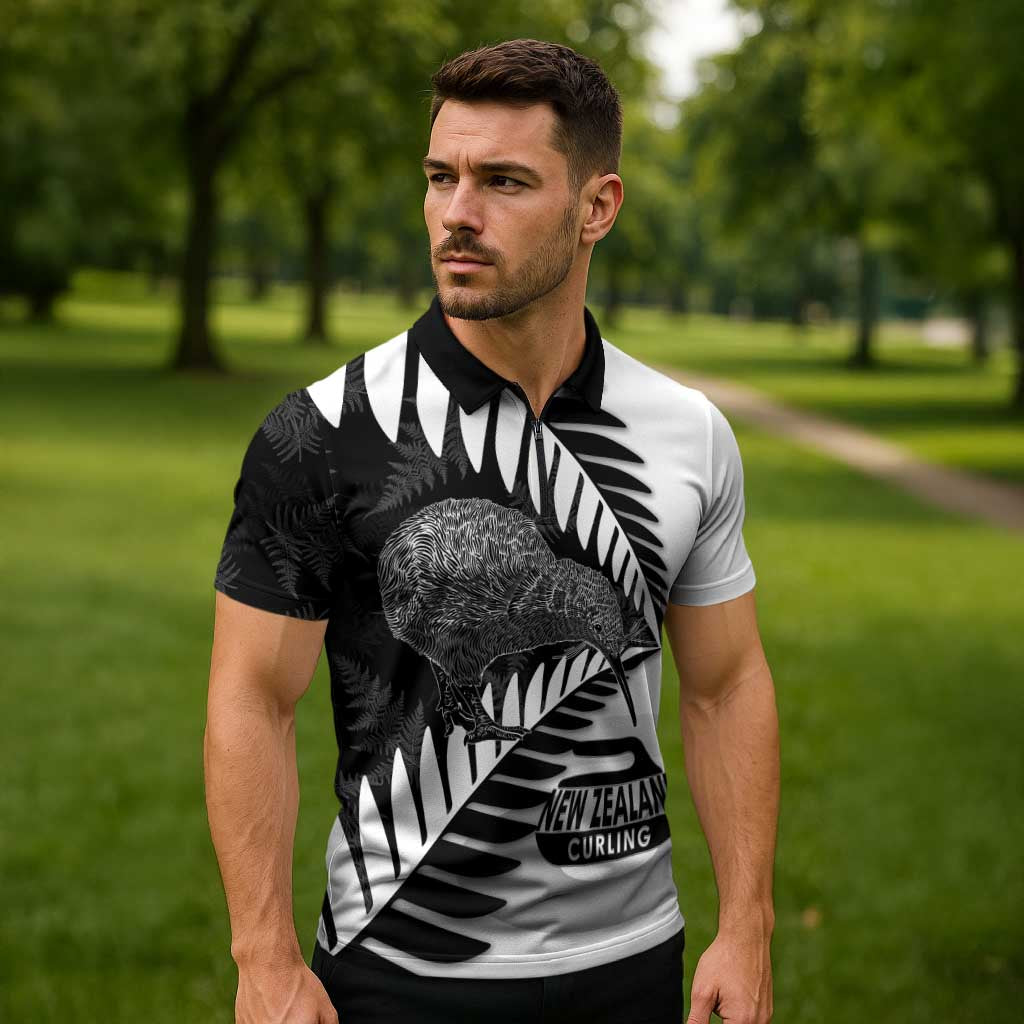 New Zealand Silver Fern Curling Personalised Zipper Polo Shirt Aotearoa Kiwi Ponga Black White Version - Aussie Hoodie