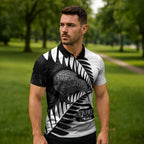 New Zealand Silver Fern Curling Personalised Zipper Polo Shirt Aotearoa Kiwi Ponga Black White Version - Aussie Hoodie