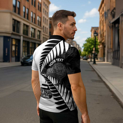 New Zealand Silver Fern Curling Personalised Zipper Polo Shirt Aotearoa Kiwi Ponga Black White Version - Aussie Hoodie