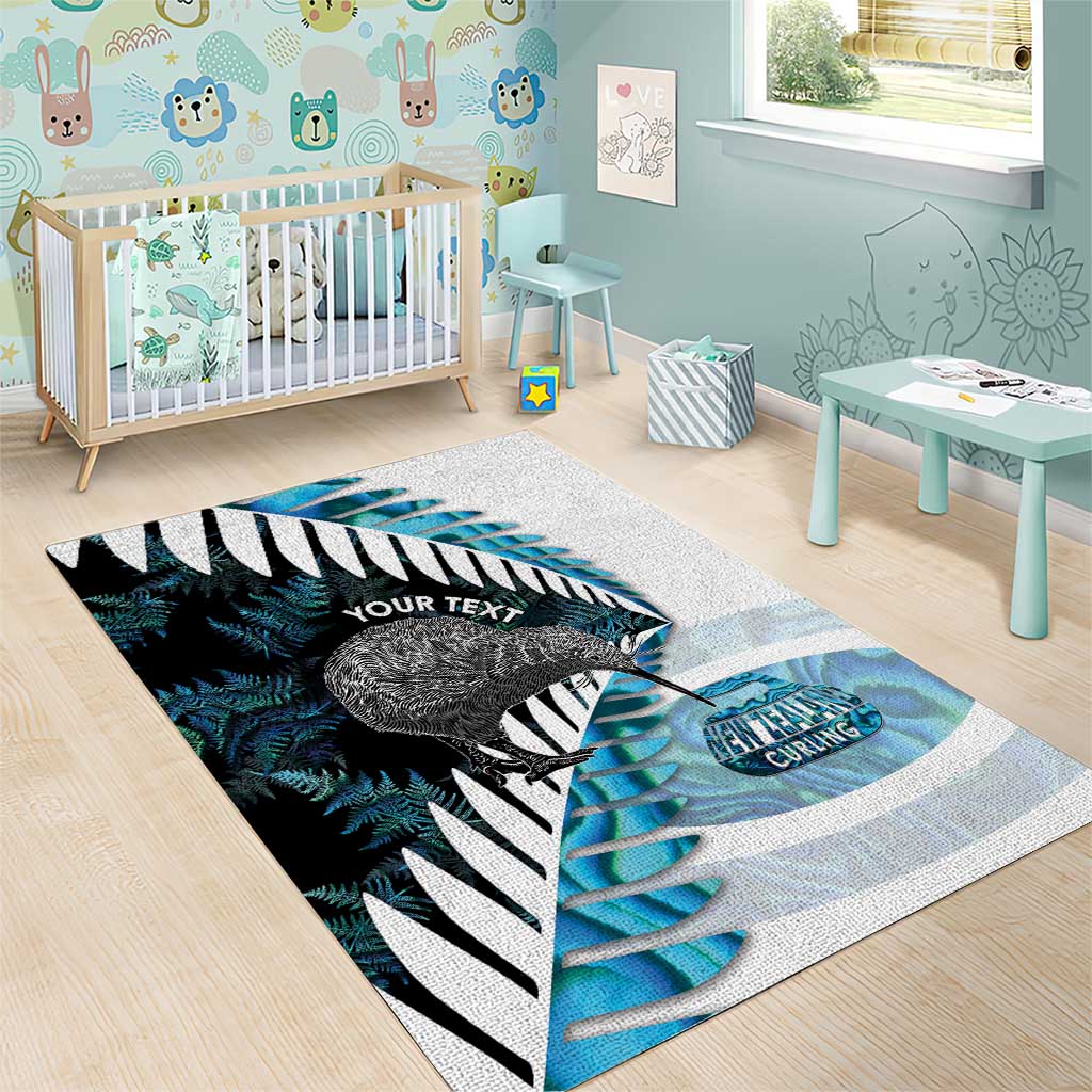 New Zealand Silver Fern Curling Personalised Area Rug Aotearoa Kiwi Ponga Paua Shell Version - Aussie Hoodie