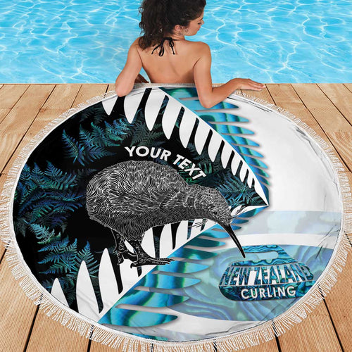 New Zealand Silver Fern Curling Personalised Beach Blanket Aotearoa Kiwi Ponga Paua Shell Version - Aussie Hoodie