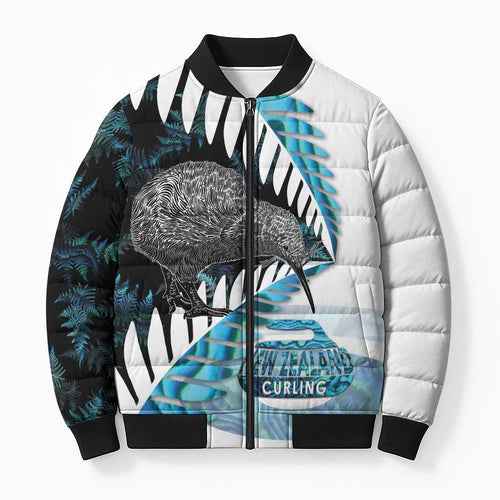 New Zealand Silver Fern Curling Personalised Bomber Puffer Jacket Aotearoa Kiwi Ponga Paua Shell Version - Aussie Hoodie