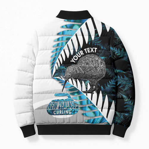 New Zealand Silver Fern Curling Personalised Bomber Puffer Jacket Aotearoa Kiwi Ponga Paua Shell Version - Aussie Hoodie