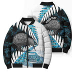 New Zealand Silver Fern Curling Personalised Bomber Puffer Jacket Aotearoa Kiwi Ponga Paua Shell Version - Aussie Hoodie