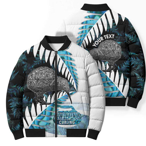 New Zealand Silver Fern Curling Personalised Bomber Puffer Jacket Aotearoa Kiwi Ponga Paua Shell Version - Aussie Hoodie