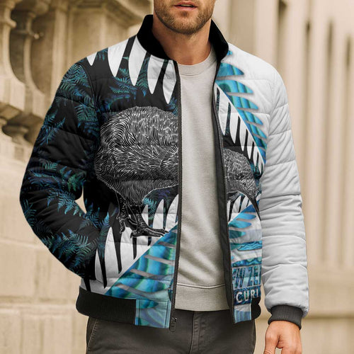 New Zealand Silver Fern Curling Personalised Bomber Puffer Jacket Aotearoa Kiwi Ponga Paua Shell Version - Aussie Hoodie