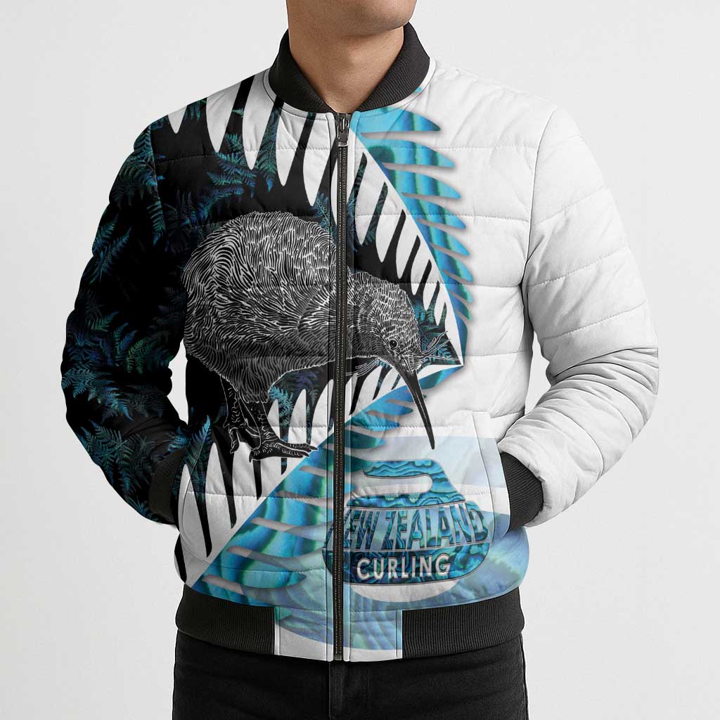 New Zealand Silver Fern Curling Personalised Bomber Puffer Jacket Aotearoa Kiwi Ponga Paua Shell Version - Aussie Hoodie