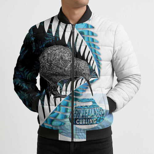 New Zealand Silver Fern Curling Personalised Bomber Puffer Jacket Aotearoa Kiwi Ponga Paua Shell Version - Aussie Hoodie