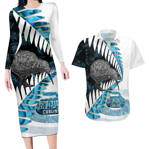 New Zealand Silver Fern Curling Personalised Couples Matching Long Sleeve Bodycon Dress and Hawaiian Shirt Aotearoa Kiwi Ponga Paua Shell Version - Aussie Hoodie