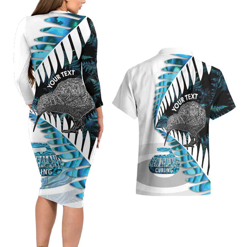 New Zealand Silver Fern Curling Personalised Couples Matching Long Sleeve Bodycon Dress and Hawaiian Shirt Aotearoa Kiwi Ponga Paua Shell Version - Aussie Hoodie