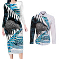 New Zealand Silver Fern Curling Personalised Couples Matching Long Sleeve Bodycon Dress and Long Sleeve Button Shirt Aotearoa Kiwi Ponga Paua Shell Version - Aussie Hoodie
