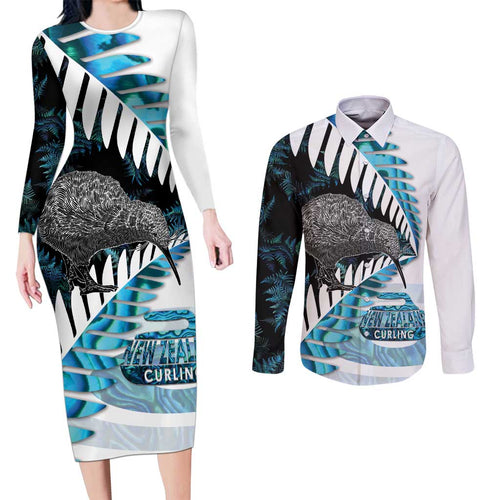 New Zealand Silver Fern Curling Personalised Couples Matching Long Sleeve Bodycon Dress and Long Sleeve Button Shirt Aotearoa Kiwi Ponga Paua Shell Version - Aussie Hoodie