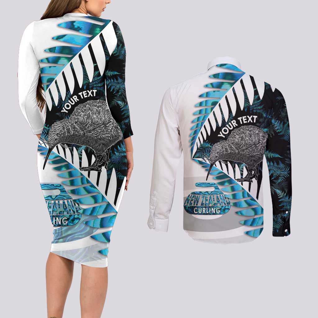New Zealand Silver Fern Curling Personalised Couples Matching Long Sleeve Bodycon Dress and Long Sleeve Button Shirt Aotearoa Kiwi Ponga Paua Shell Version - Aussie Hoodie