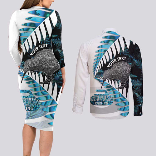 New Zealand Silver Fern Curling Personalised Couples Matching Long Sleeve Bodycon Dress and Long Sleeve Button Shirt Aotearoa Kiwi Ponga Paua Shell Version - Aussie Hoodie