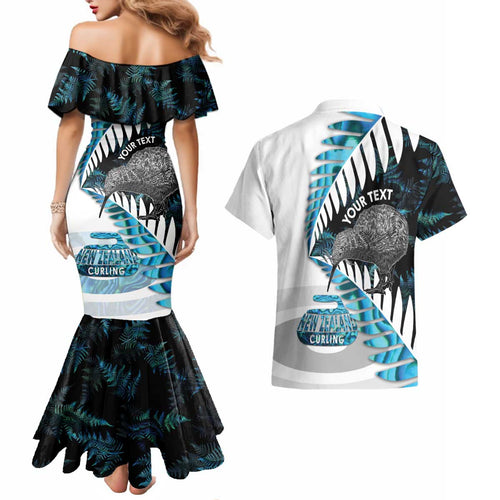 New Zealand Silver Fern Curling Personalised Couples Matching Mermaid Dress and Hawaiian Shirt Aotearoa Kiwi Ponga Paua Shell Version - Aussie Hoodie