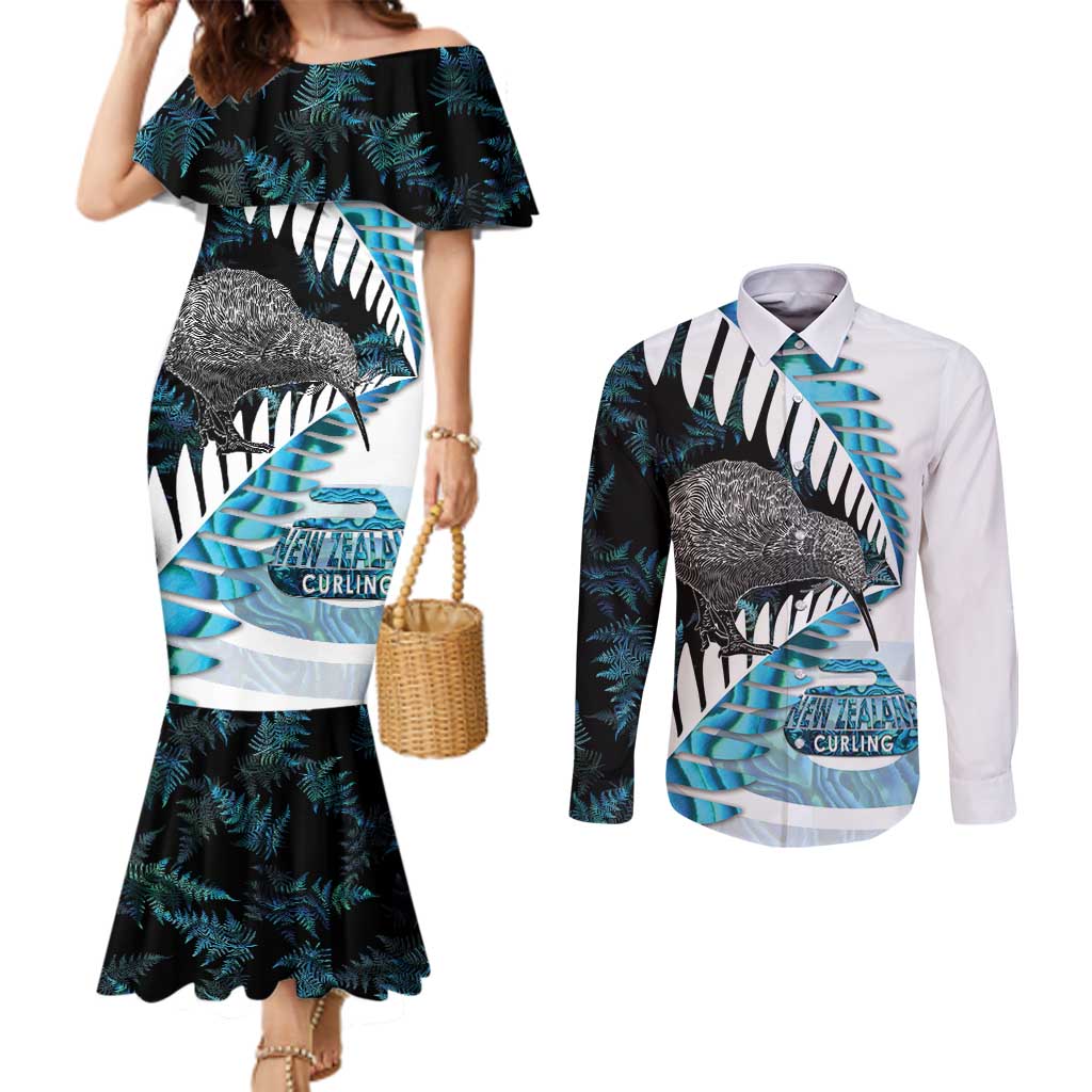 New Zealand Silver Fern Curling Personalised Couples Matching Mermaid Dress and Long Sleeve Button Shirt Aotearoa Kiwi Ponga Paua Shell Version - Aussie Hoodie