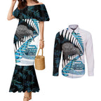 New Zealand Silver Fern Curling Personalised Couples Matching Mermaid Dress and Long Sleeve Button Shirt Aotearoa Kiwi Ponga Paua Shell Version - Aussie Hoodie