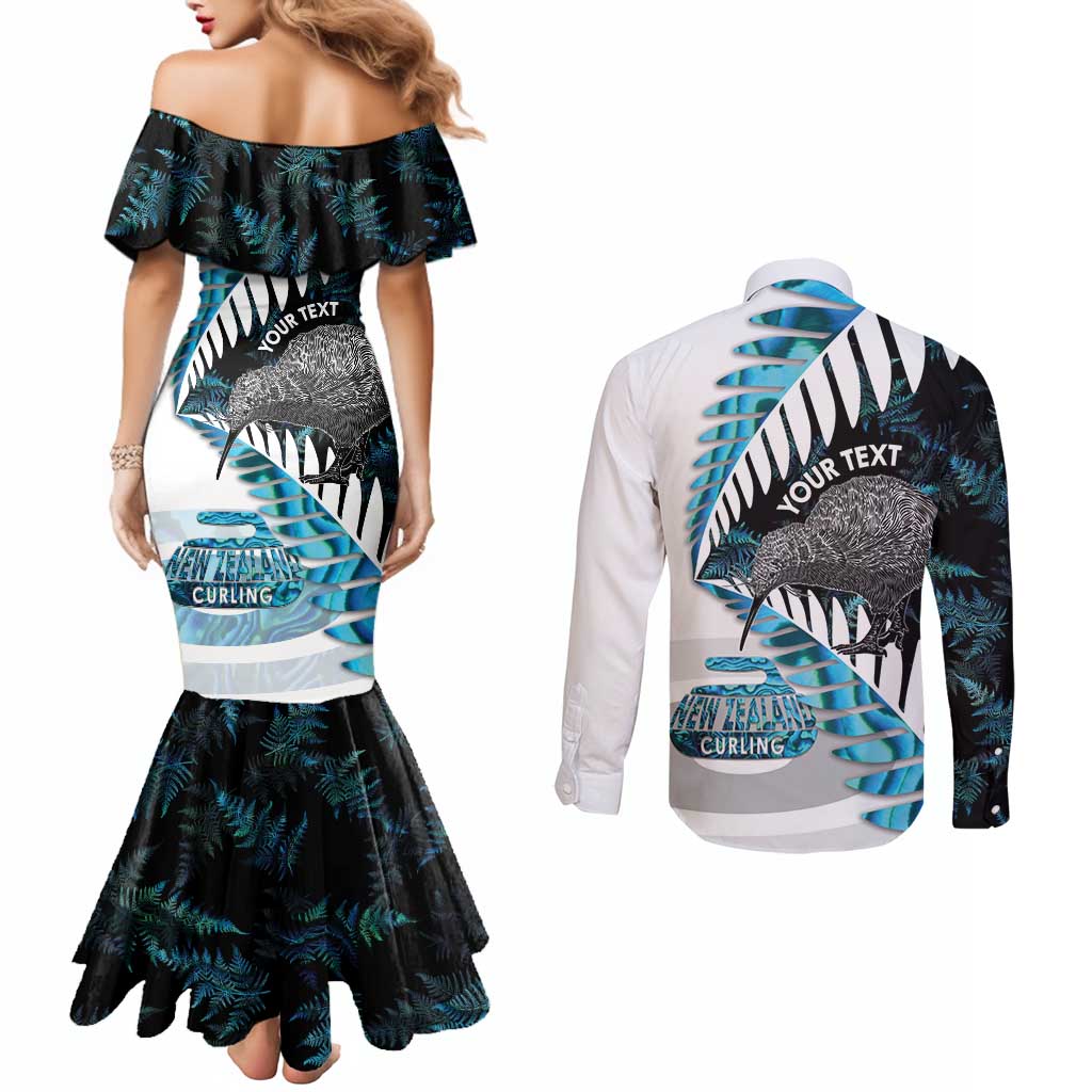 New Zealand Silver Fern Curling Personalised Couples Matching Mermaid Dress and Long Sleeve Button Shirt Aotearoa Kiwi Ponga Paua Shell Version - Aussie Hoodie