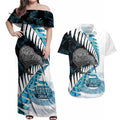 New Zealand Silver Fern Curling Personalised Couples Matching Off Shoulder Maxi Dress and Hawaiian Shirt Aotearoa Kiwi Ponga Paua Shell Version - Aussie Hoodie